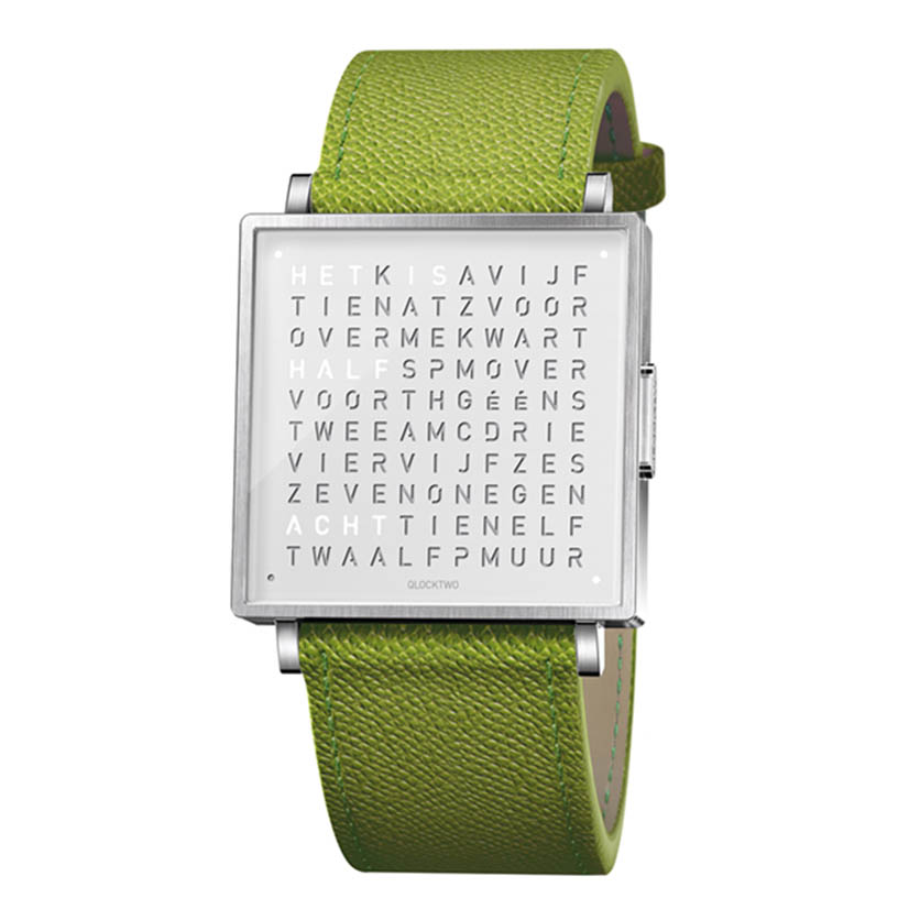 QLOCKTWO W35 PURE WHITE groene franse volnerf leren band